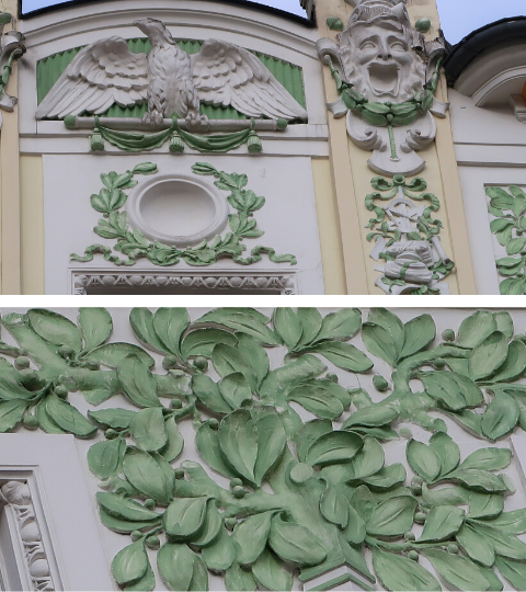 szczegóły zdobień po remoncie - maszkaron, orzeł, liście